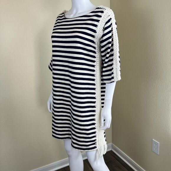 Pepin Women's Size M Breton Striped Crochet Shift Mini Dress Nautical Cotton - Picture 8 of 16